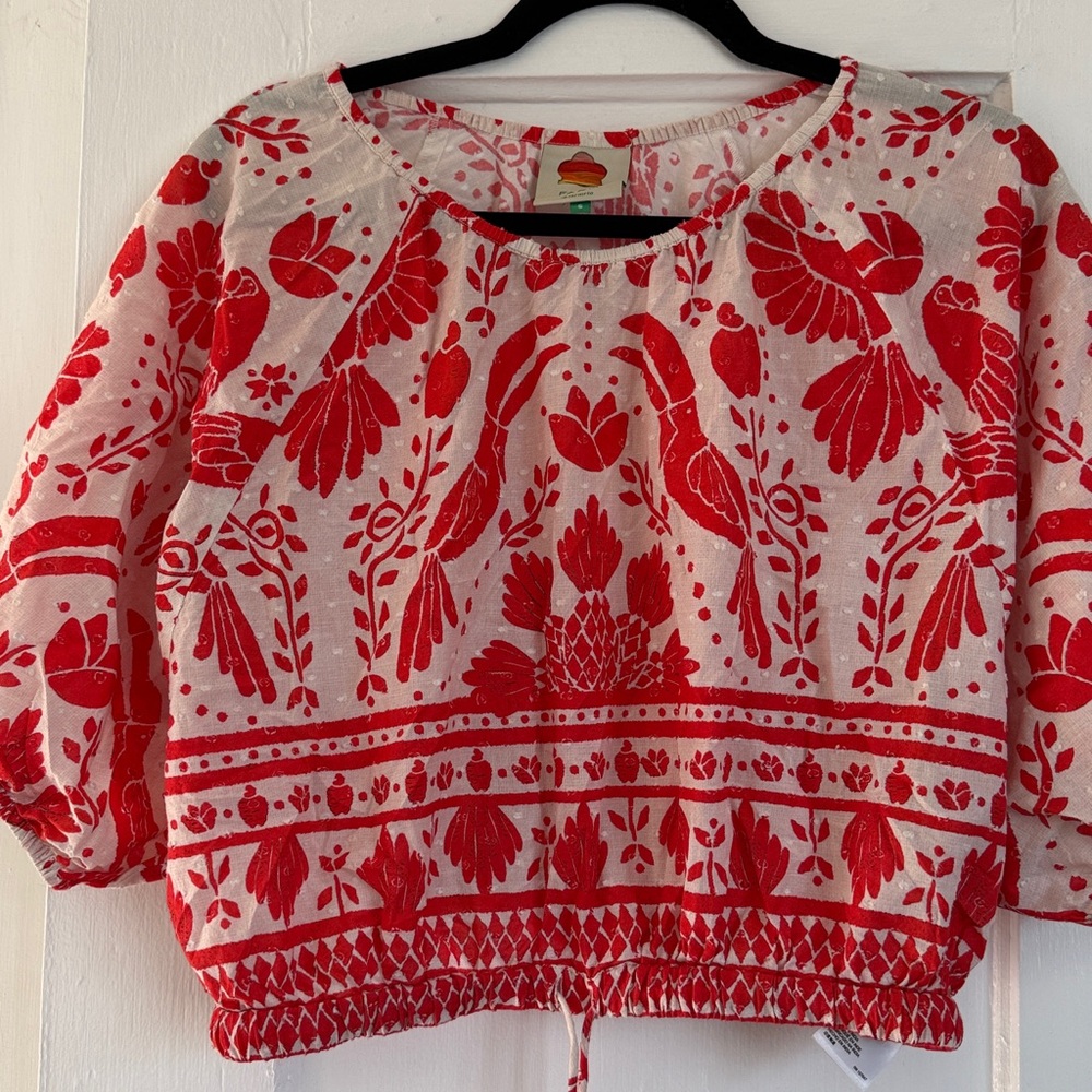 FARM Rio Red and White Bird Print Blouse